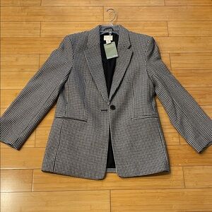 Woman NWT Black and White Houndstooth Blazer One Button Fake Front pocket XS